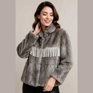 Vtg Rabbit Fur w/leather Fringe gray bomber jacket Western Chic 80s size small